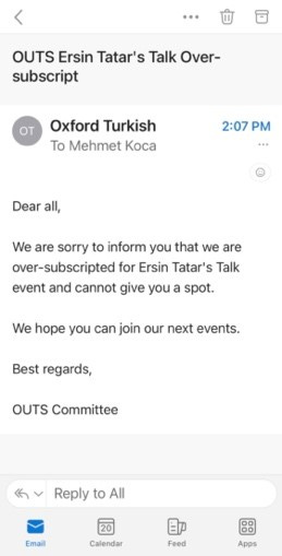 Screenshot of email denying entrance to the event on the grounds of oversubscription