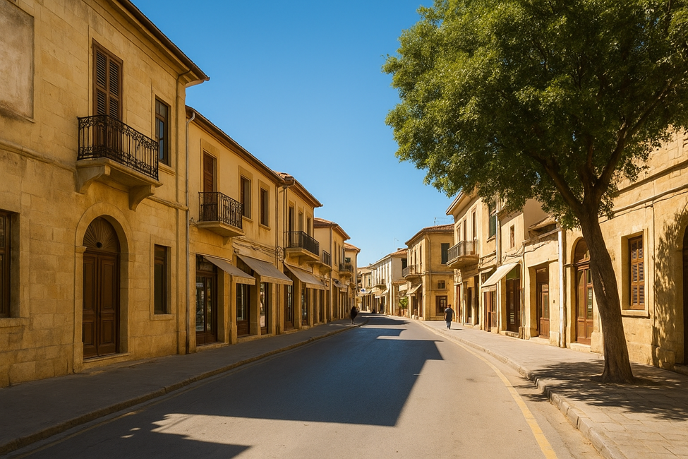 Quiet street in Nicosia with traditional stone buildings