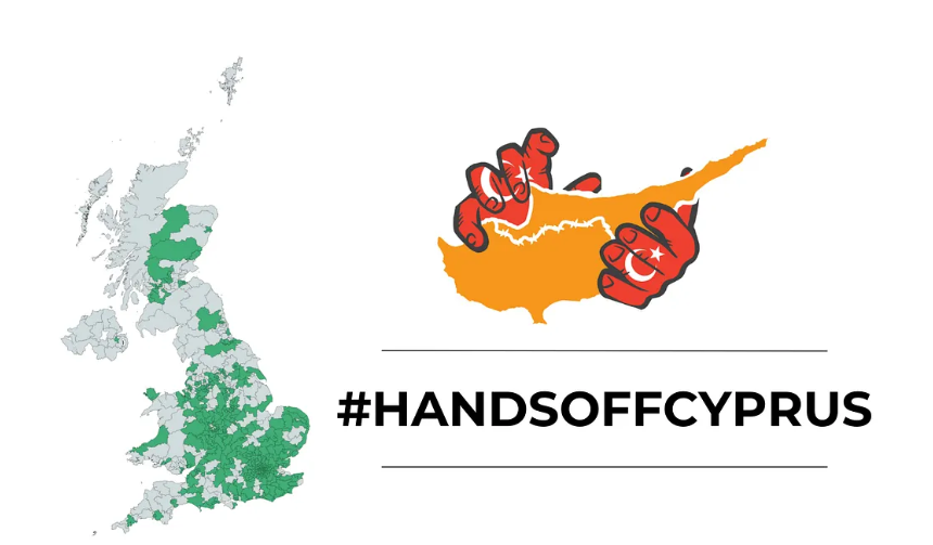 Illustration of Cyprus being squeezed by hands with the hashtag #HandsOffCyprus