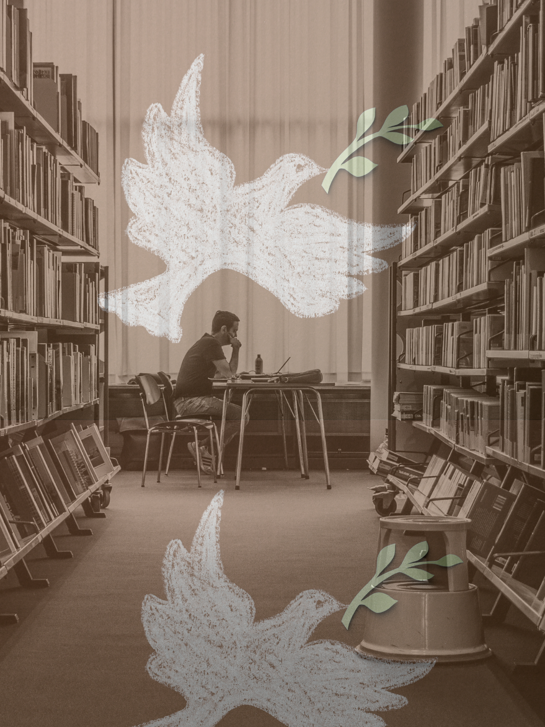 Peace education represented by a student studying beneath a dove of peace